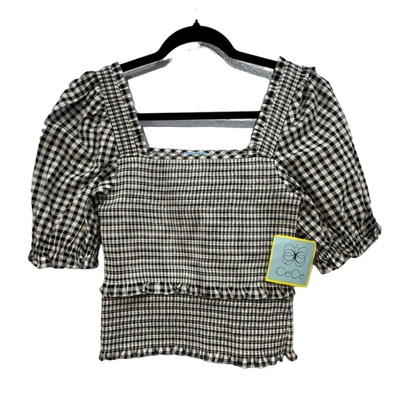 NWT CECE $69 Smocked Boho Gingham Square Neck Top Size S - Picture 2 of 6